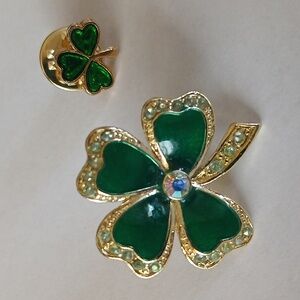 2 Vintage Four Leaf Clover Pin Brooch Crystal Rhinestones St. Patrick Day
